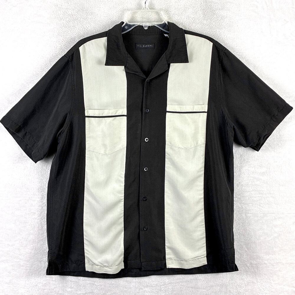 Via Europa Bowling Shirt Mens L Black White Rayon Rockabilly Charlie Sheen 50s